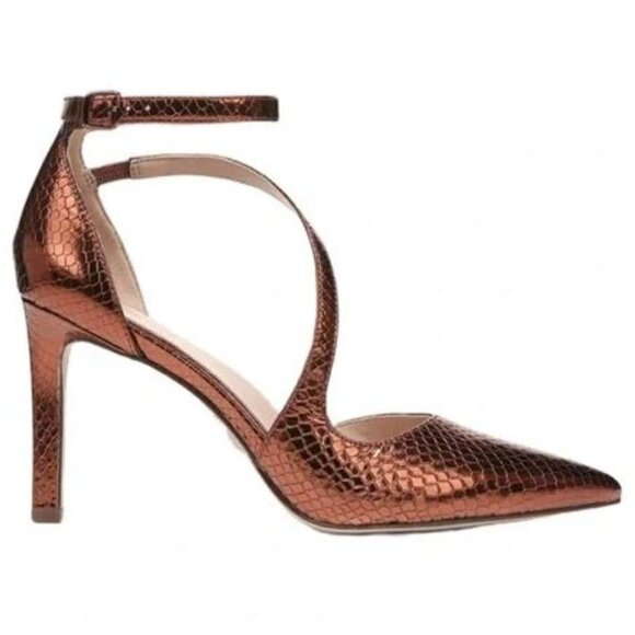 Naturalizer 27 Edit Abilyn Brown Bronze Snake Pointy Toe Ankle Strap Heels 8.5 - Picture 2 of 6